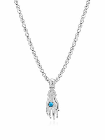 Nialaya Women's Necklace Men's Hand Pendant with a Small Turquoise Gemstone in Silver Men's Hand Pendant with a Small Turquoise Gemstone in Silver